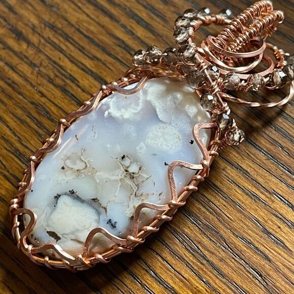 Dendritic Opal smoky quartz wire wrap wrapped pendant copper handmade artisan - Picture 2 of 16